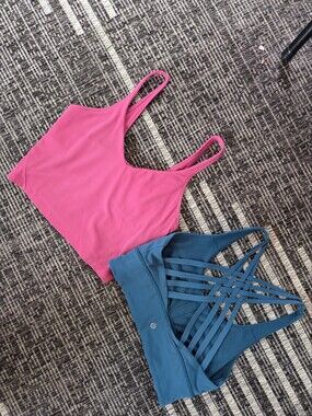 Lululemon Sports Bra Bundle Size 8 Pink Longline & Teal Strappy Criss Cross Back